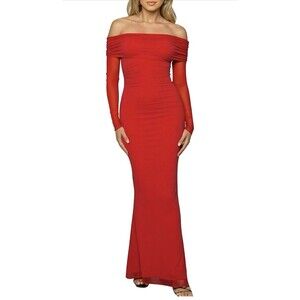 Red Off The Shoulder Long Sleeve Maxi Dress Party Gown Bodycon NWOT Small
